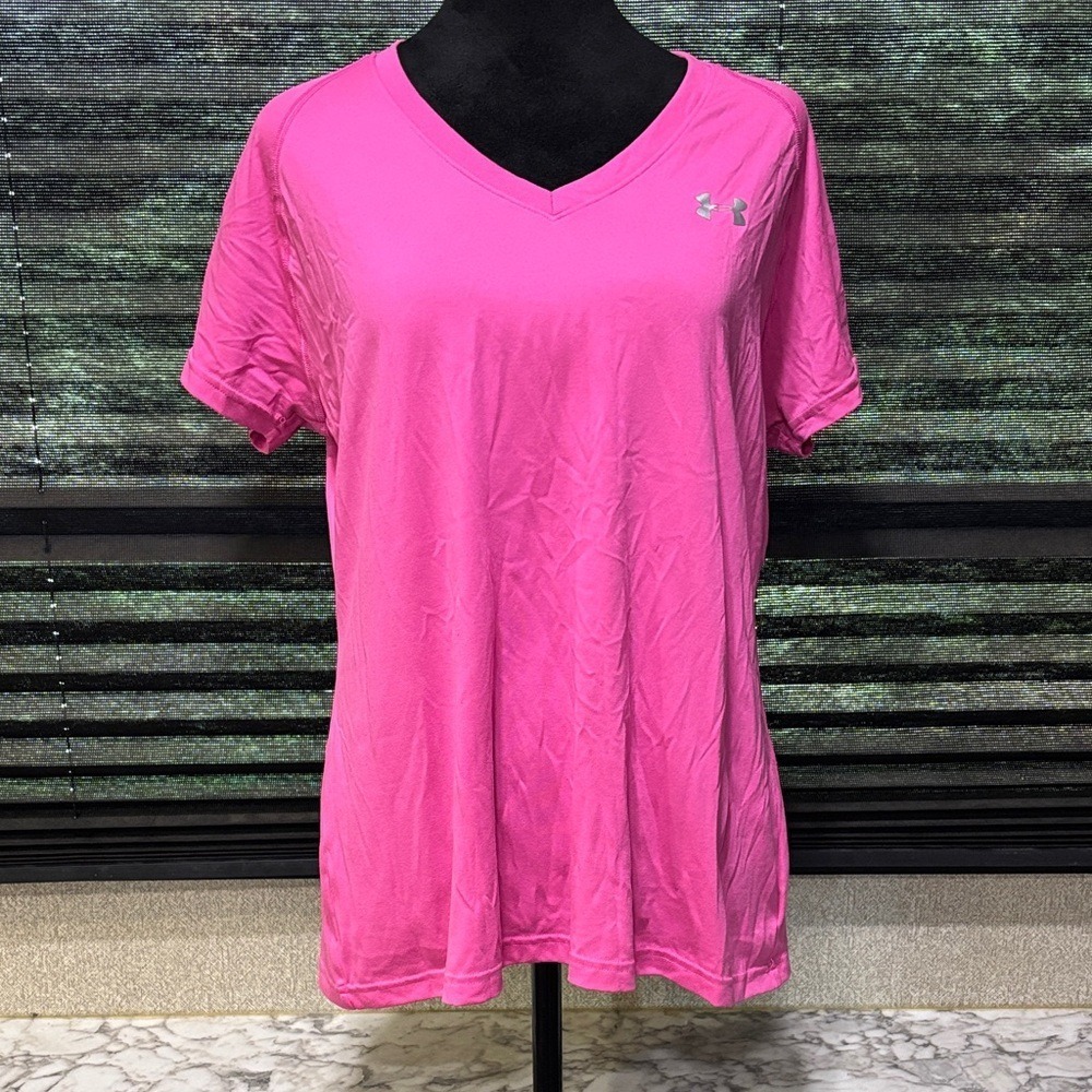 Under Armour Women's Bright Pink Tech headgear SS V Neck Semi Fitted SZ Large